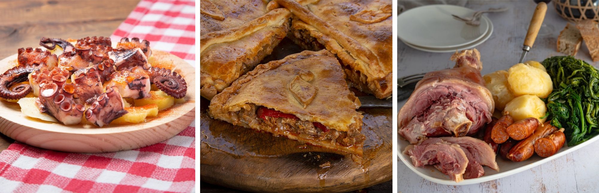 Comida tipica gallega, pulpo a feira, empanada gallega y lacon con grelos