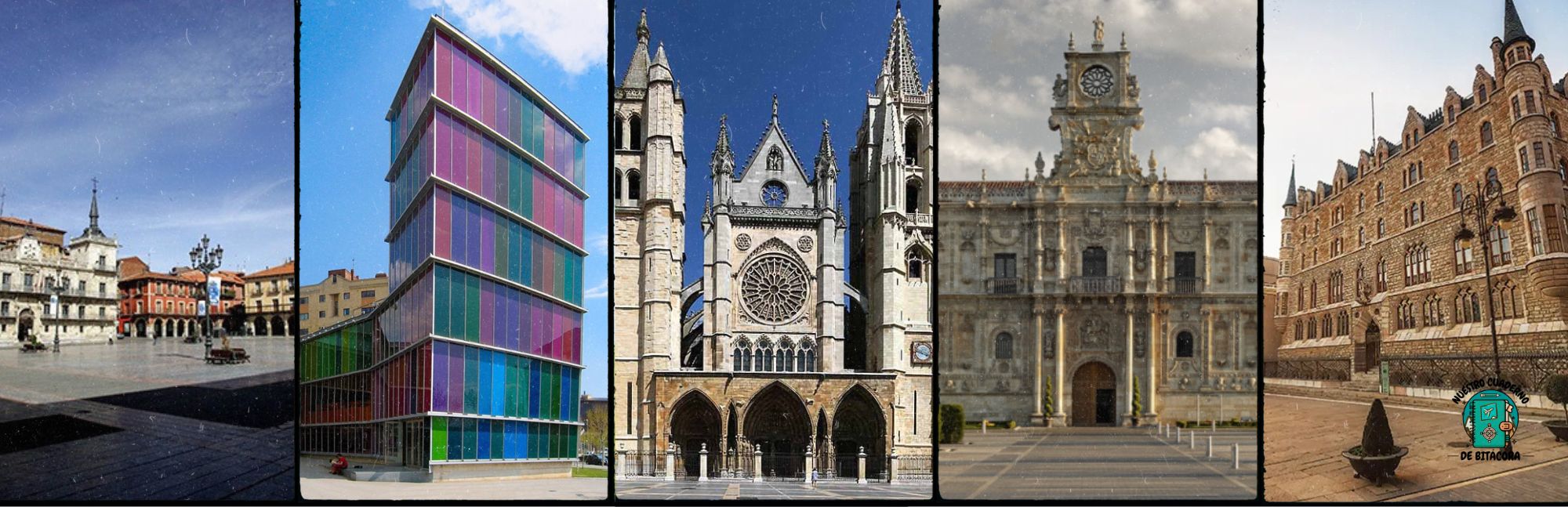 Montaje de Leon con Plaza Mayor, Musac, Catedral de Leon, San Marcos, Botines